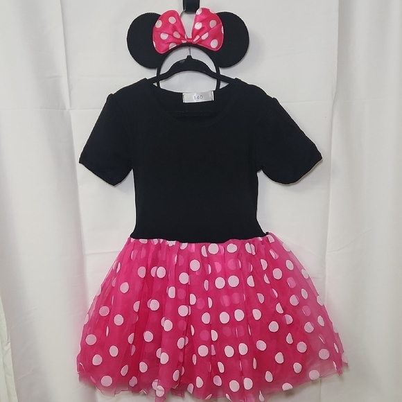 None Other - Pink Polka Dot Kids Costume Dress with Headband